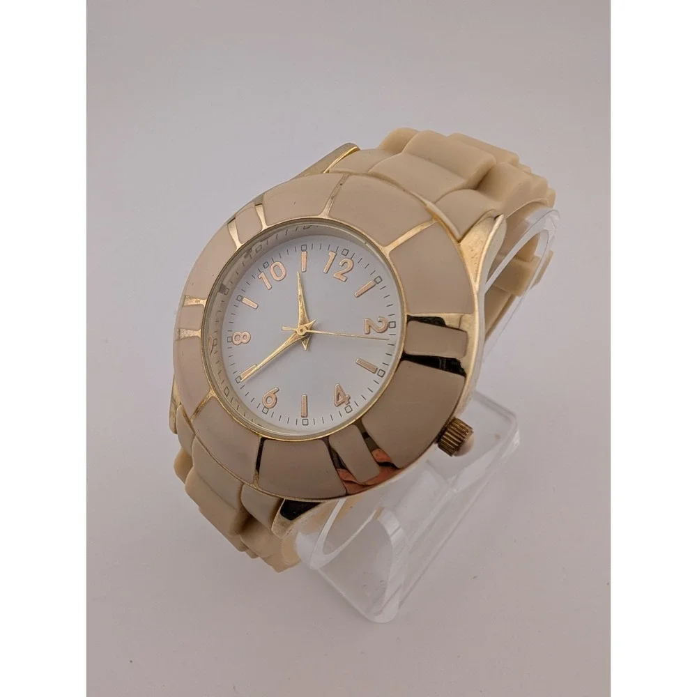 Women's Quartz Watch 42mm Gold Case Beige Silicone Band-‎ New Battery